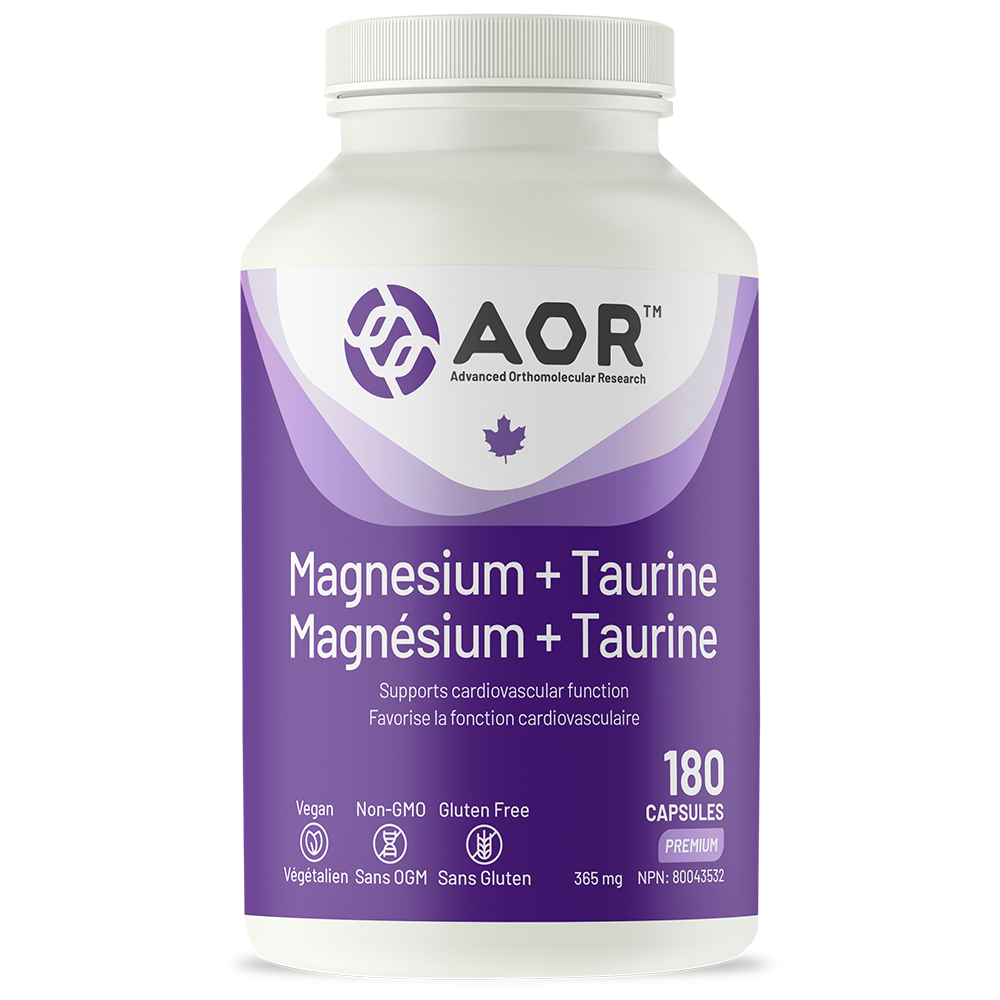 Supplement bottle labeled 'AOR Magnesium + Taurine' on a white background