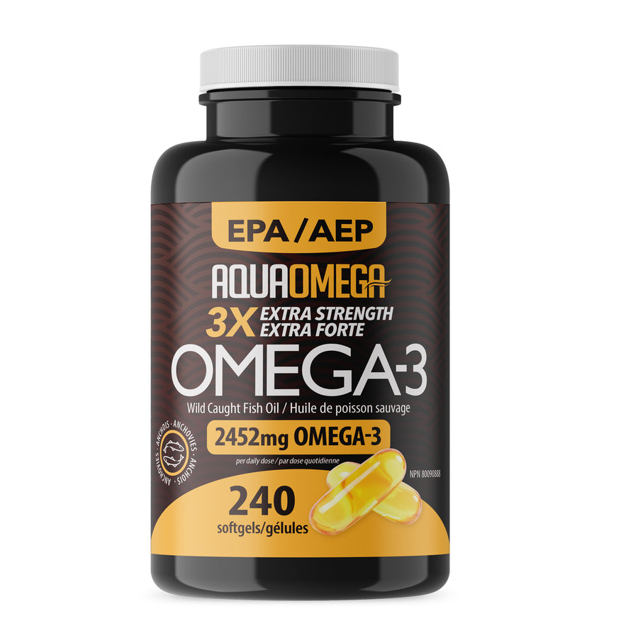 Aquomega Omega-3 supplement bottle on a white background
