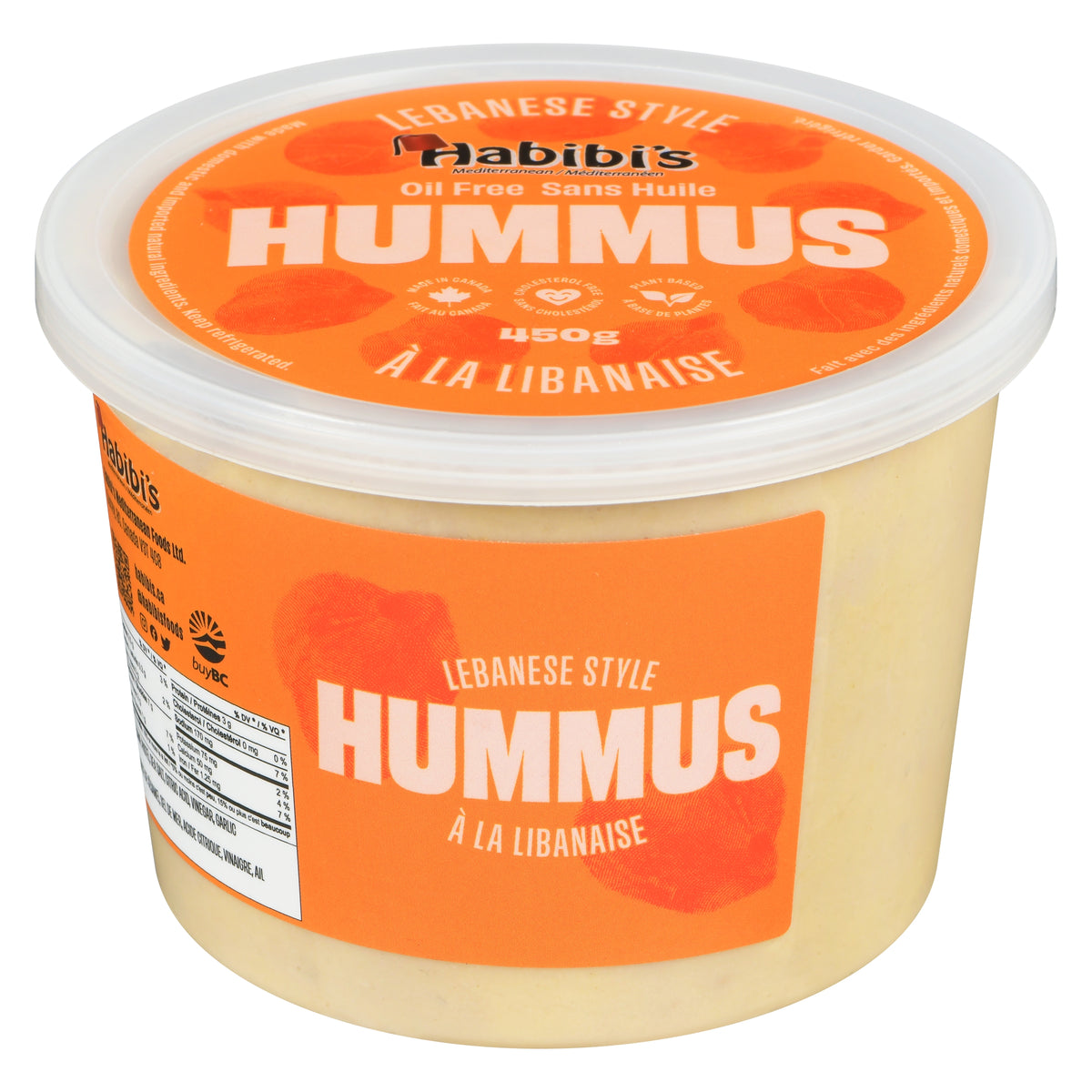 Container of Habibis hummus with orange label on a white background