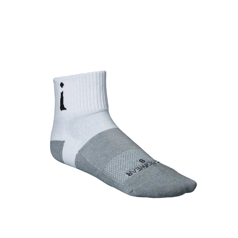 Gray and white sock with brand logo on a light gray background