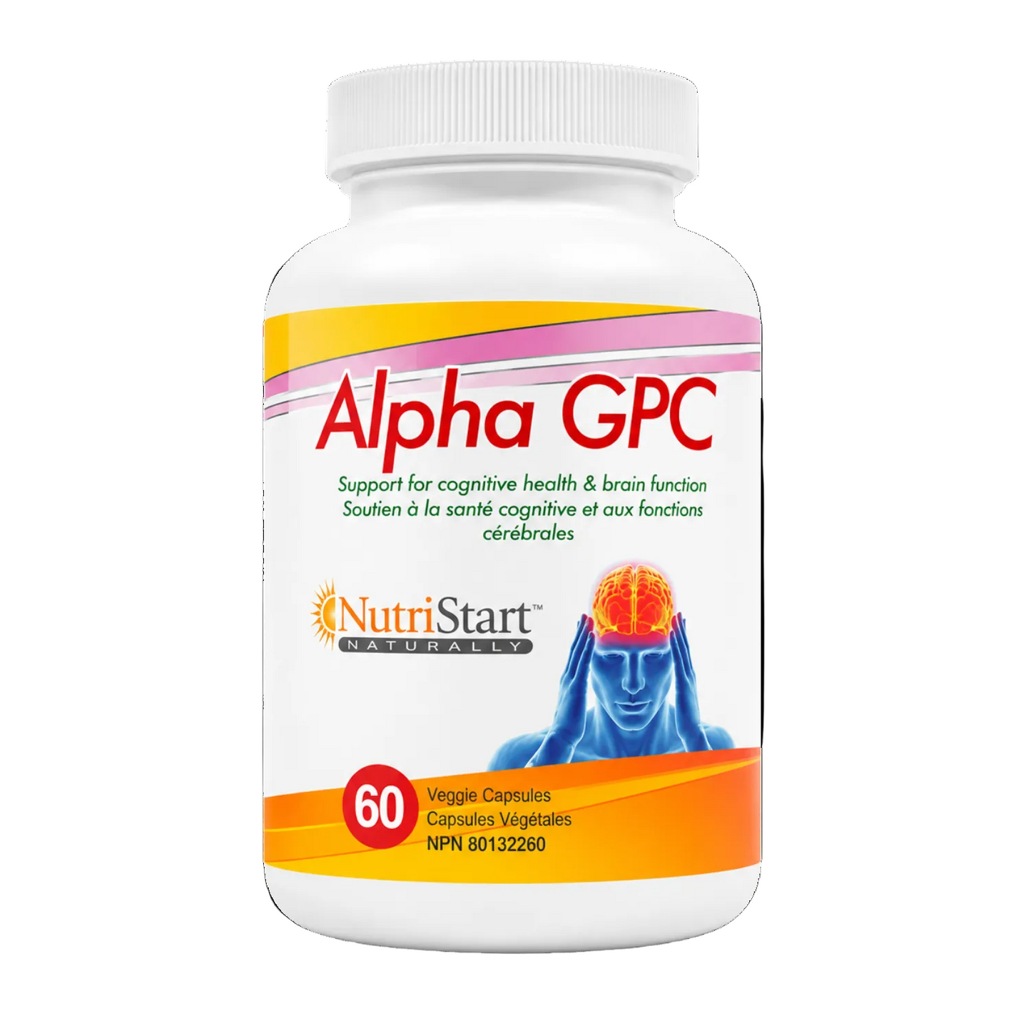 A white plastic bottle of NutriStart Naturally Alpha GPC dietary supplement capsules, featuring a white label with red, yellow, and orange accents and a graphic of a blue head with an orange glowing brain.
