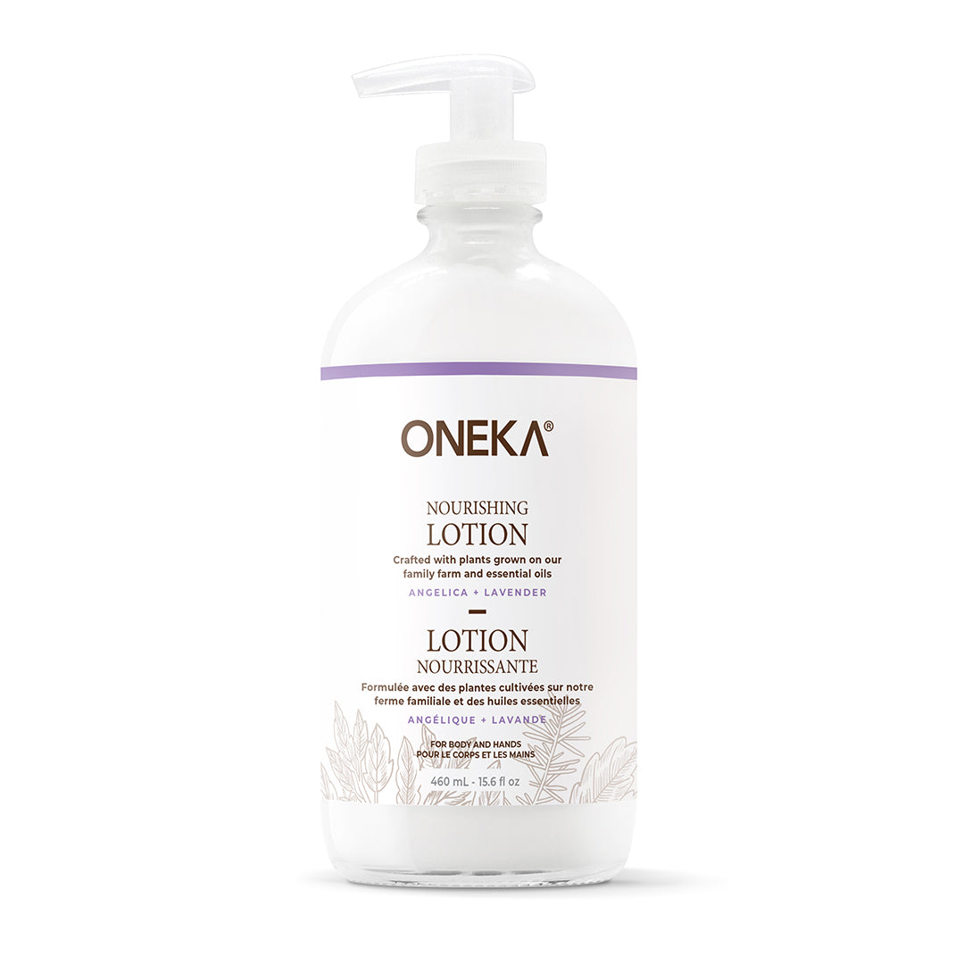 Oneka nourishing lotion bottle on a white background