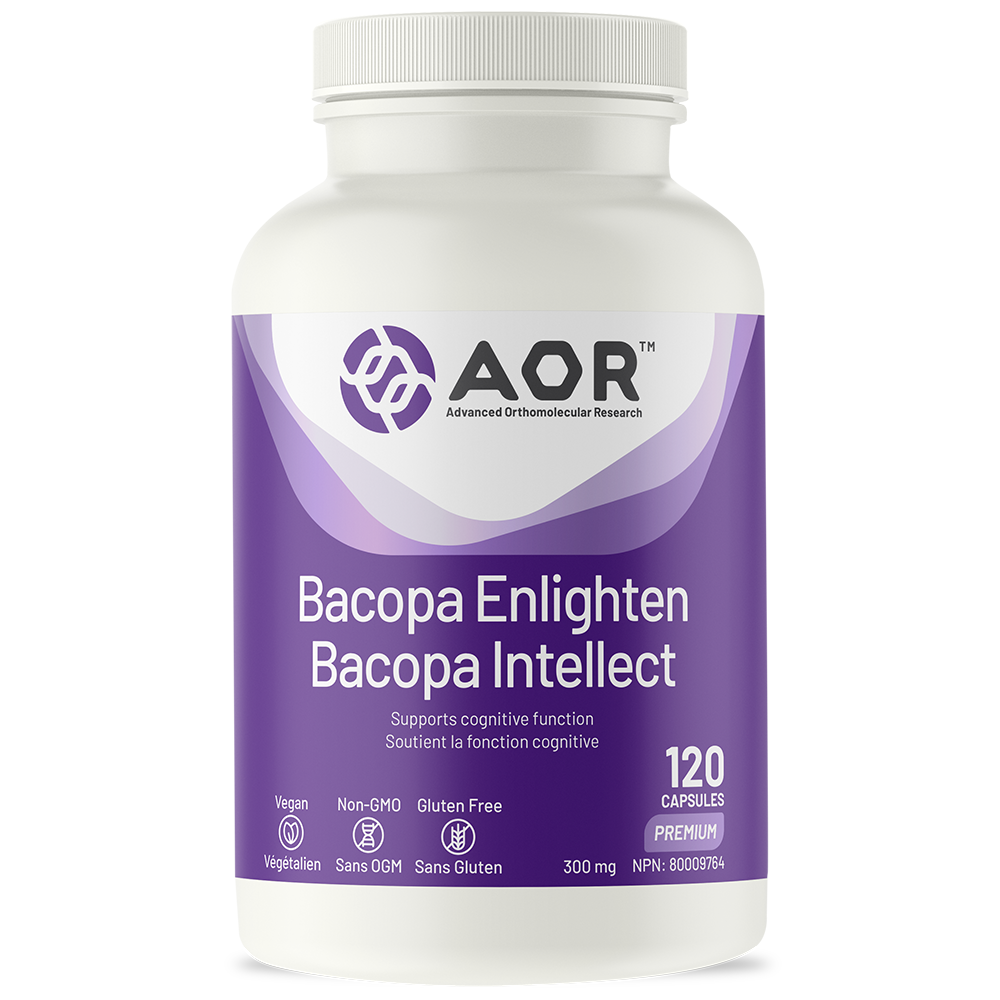 Supplement bottle labeled 'Bacopa Enlighten Bacopa Intellect' by AOR on a white background