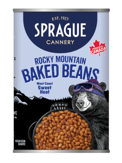 Can of Sprague Rocky Mountain Baked Beans with a bear illustration on a white background