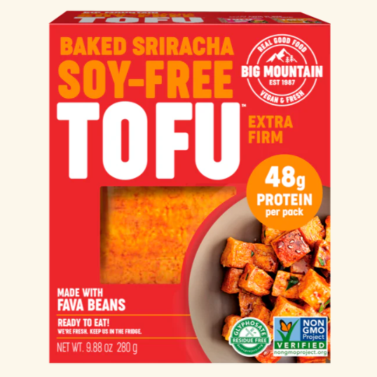 Box of Big Mountain Baked Sriracha Soy-Free Tofu with protein and non-GMO claims on a white background.
