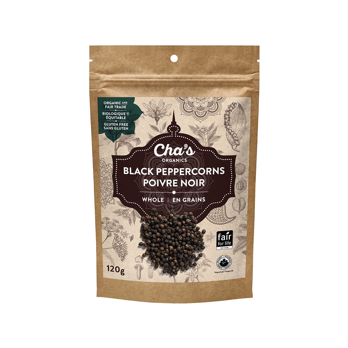 Cha's Organics Whole Black Peppercorns (120g)