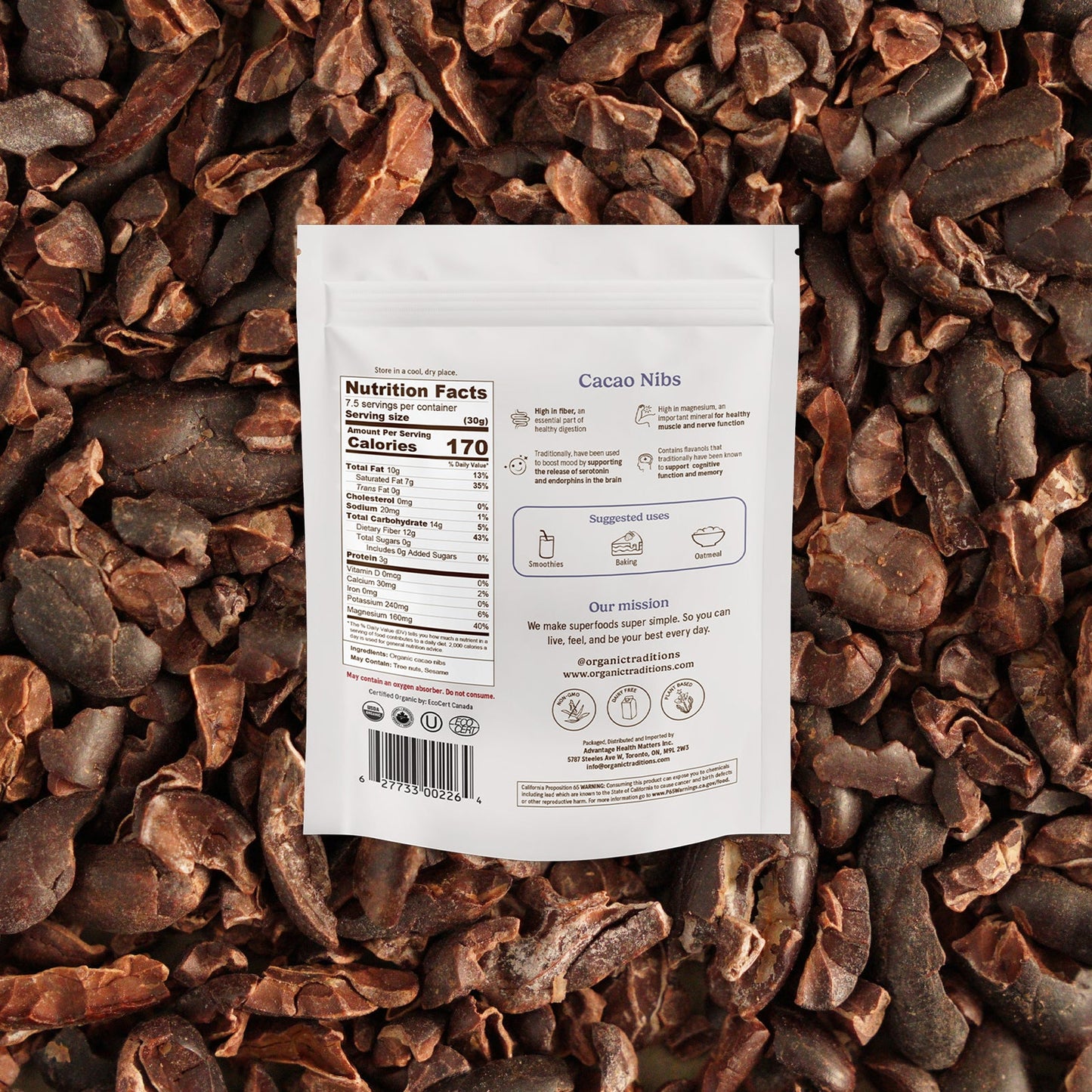 Cacao nibs with a nutrition facts label on top