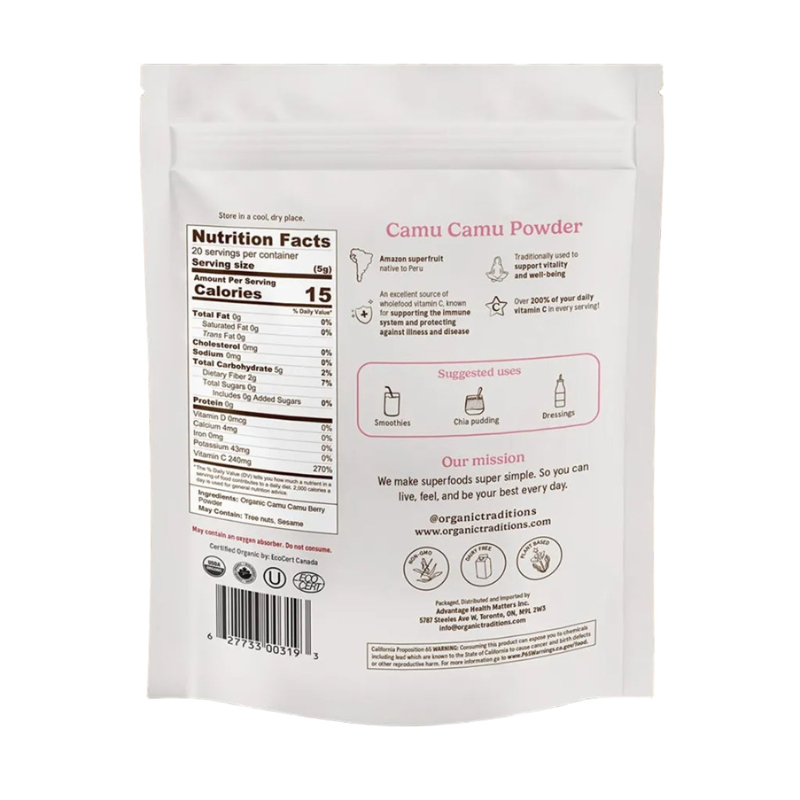 Package of Camu Camu Powder on a bed of brown powder