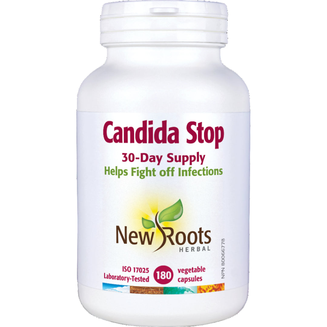 Bottle of New Roots Candida Stop supplement on a white background