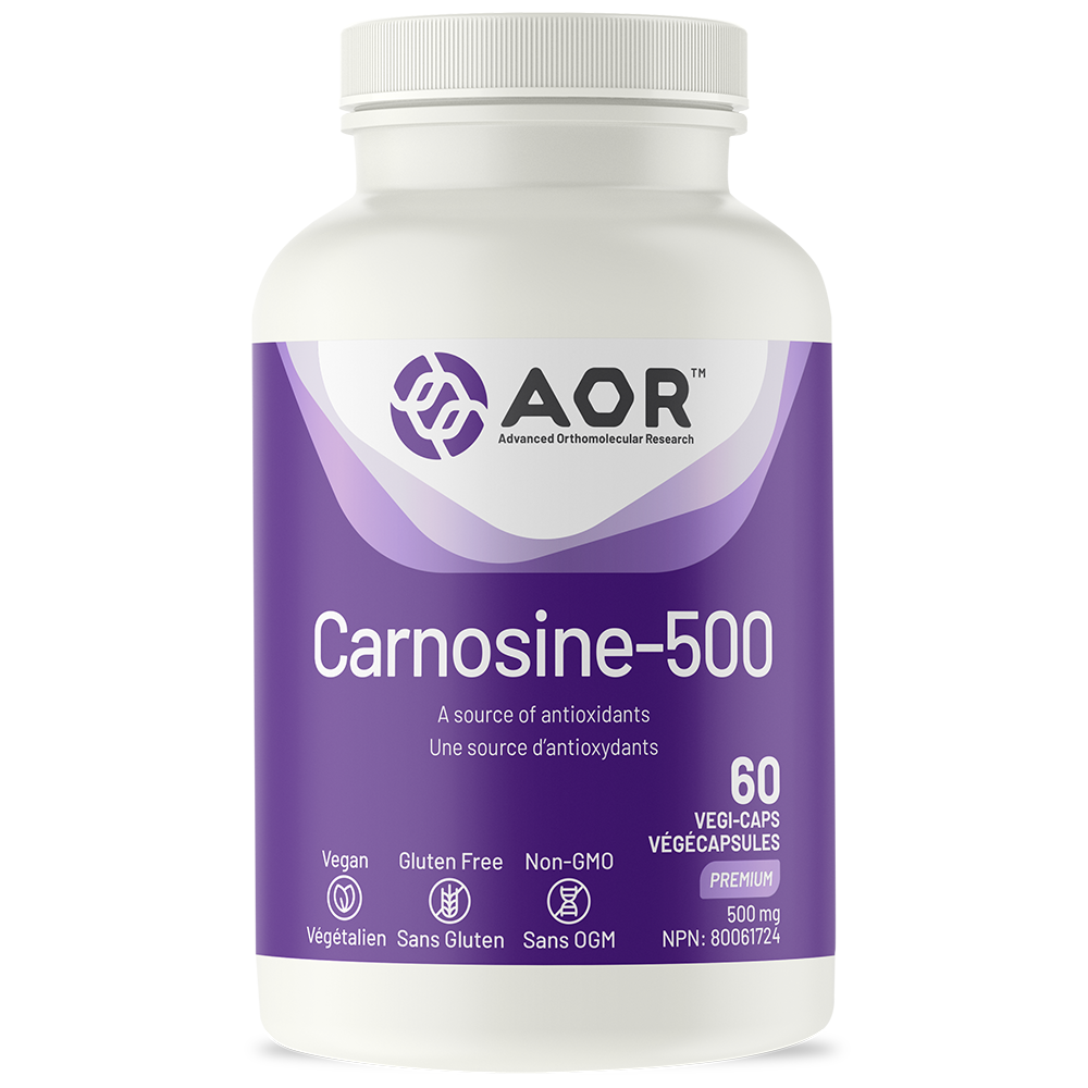 Supplement bottle labeled 'Carnosine-500' by AOR on a white background