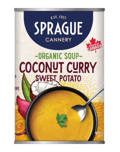 Can of Sprague Organic Soup Coconut Curry Sweet Potato on a white background
