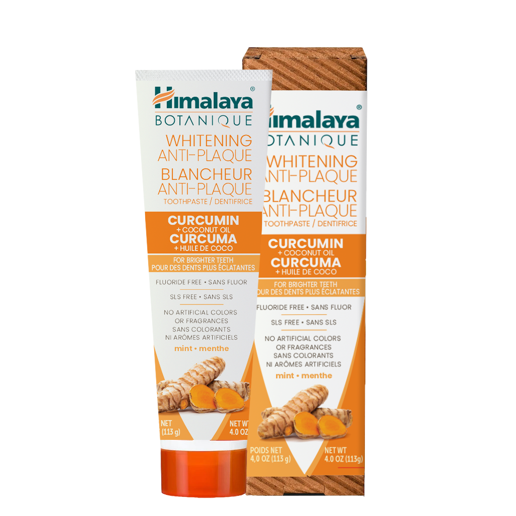 Himalaya Botanique toothpaste with curcumin and coconut oil on a white background