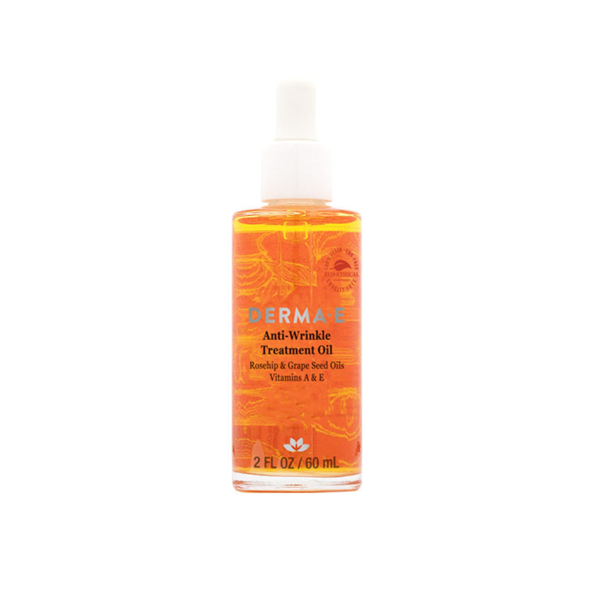 Bottle of Derma E Anti-Wrinkle Treatment Oil on a white background