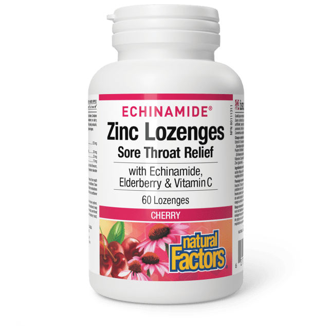 Bottle of Echinamide Zinc Lozenges for sore throat relief on a white background