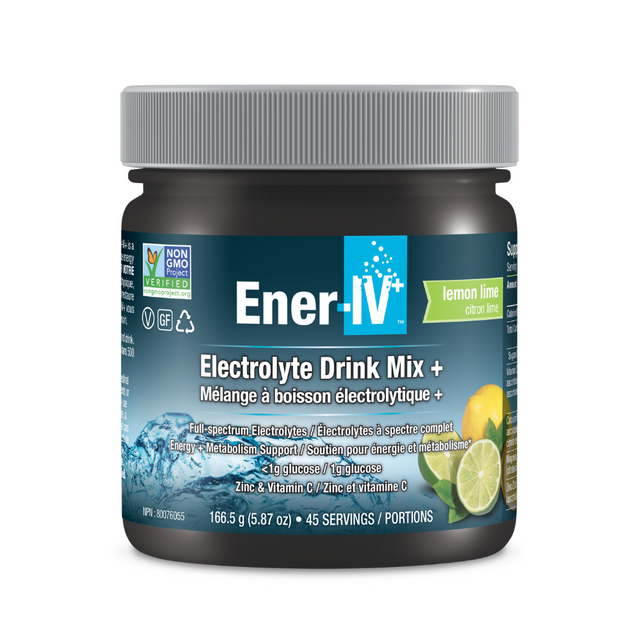 Ener-IV electrolyte drink mix jar with lemon lime flavor on a white background