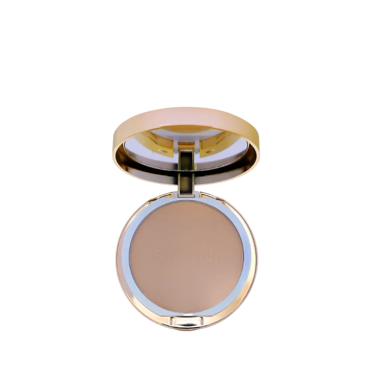 Compact powder in a round, gold-framed case on a white background