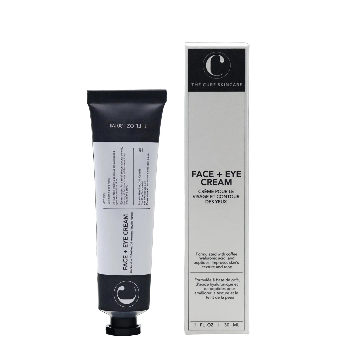 Tube and packaging of Face + Eye Cream by The Cure Skincare on a white background