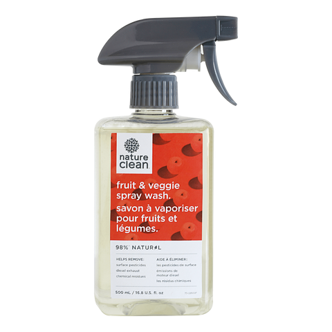 Nature Clean fruit and veggie spray wash bottle on a white background