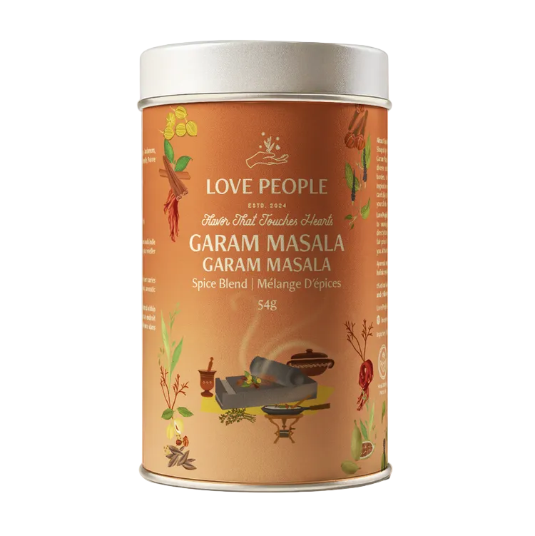 Canister of Love People Garam Masala spice blend on a beige background