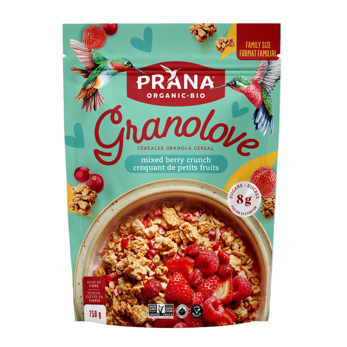 Prana Granolove cereal package with a bowl of cereal and berries on a light blue background