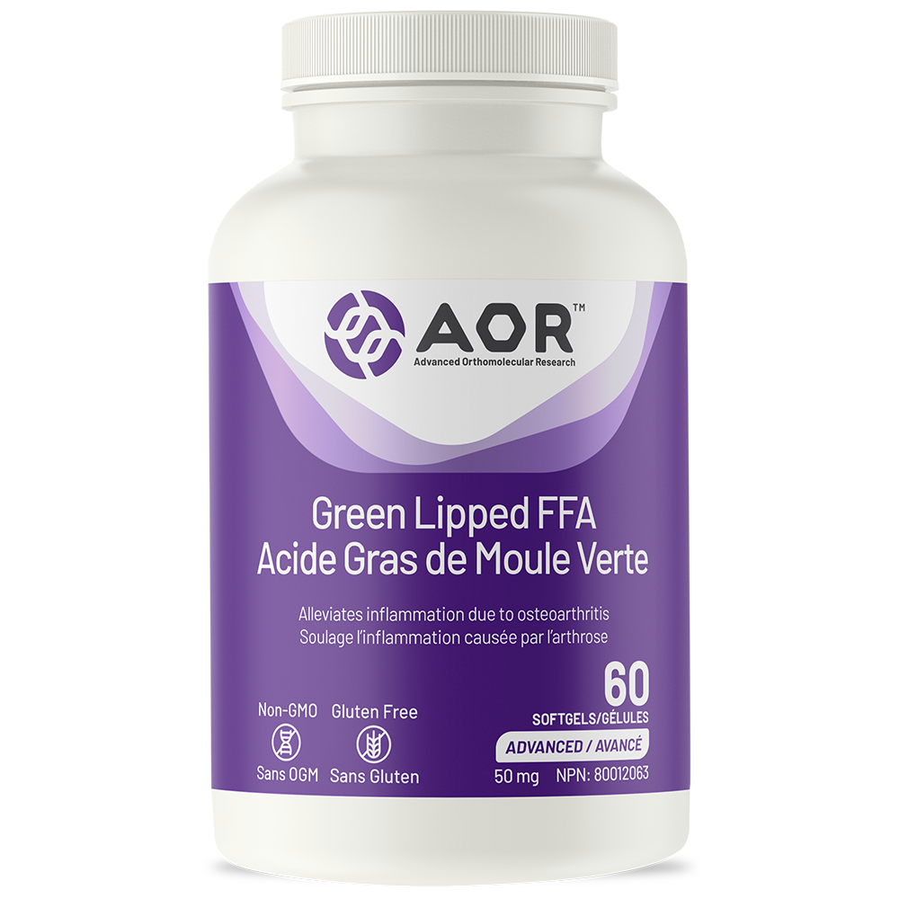 Supplement bottle labeled 'AOR Green Lipped FFA' on a white background