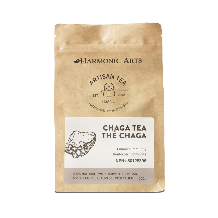 Harmonic Arts Chaga Tea package on a white background