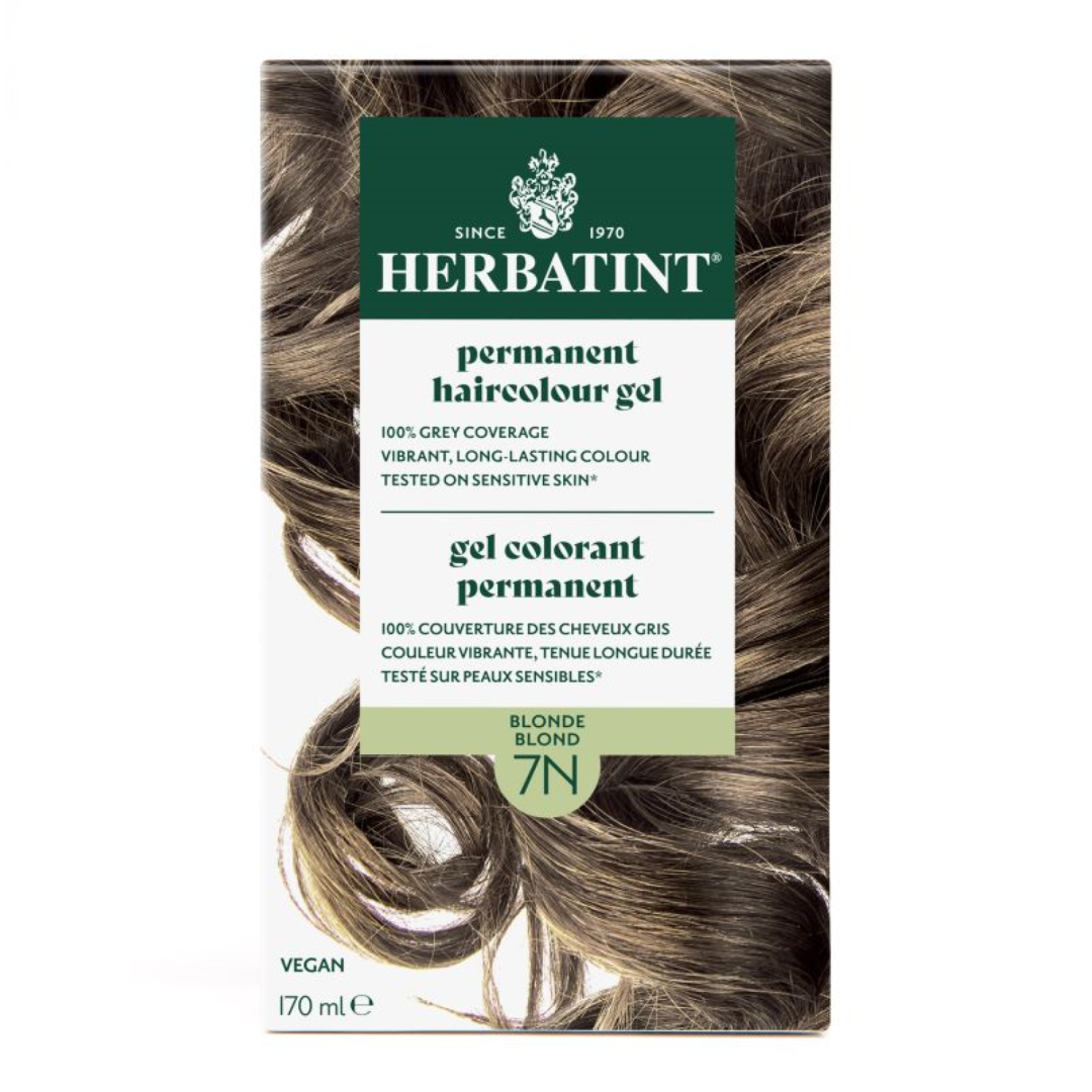 Herbatint permanent haircolour gel packaging with brown hair strands on a white background