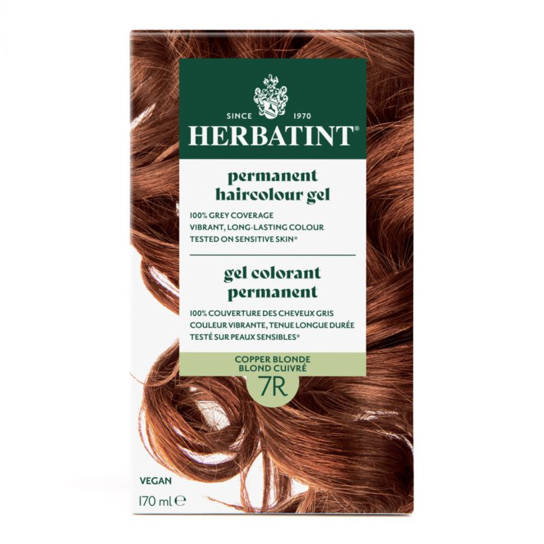 Herbatint permanent haircolour gel packaging with brown hair strands on a white background