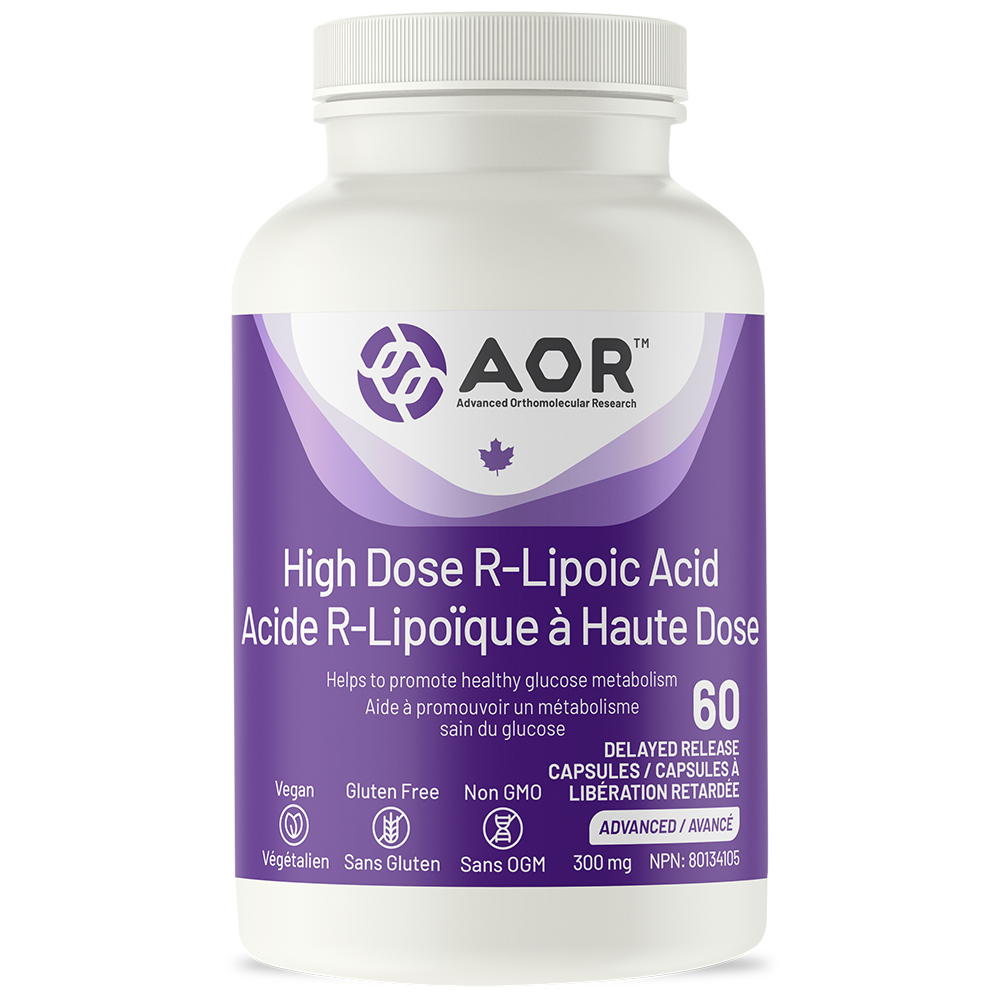 Bottle of AOR High Dose R-Lipoic Acid on a white background