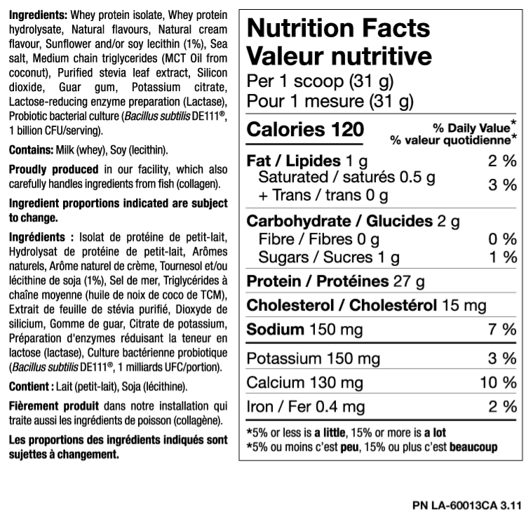 Nutrition facts label for a protein supplement with detailed ingredient list and nutritional information.