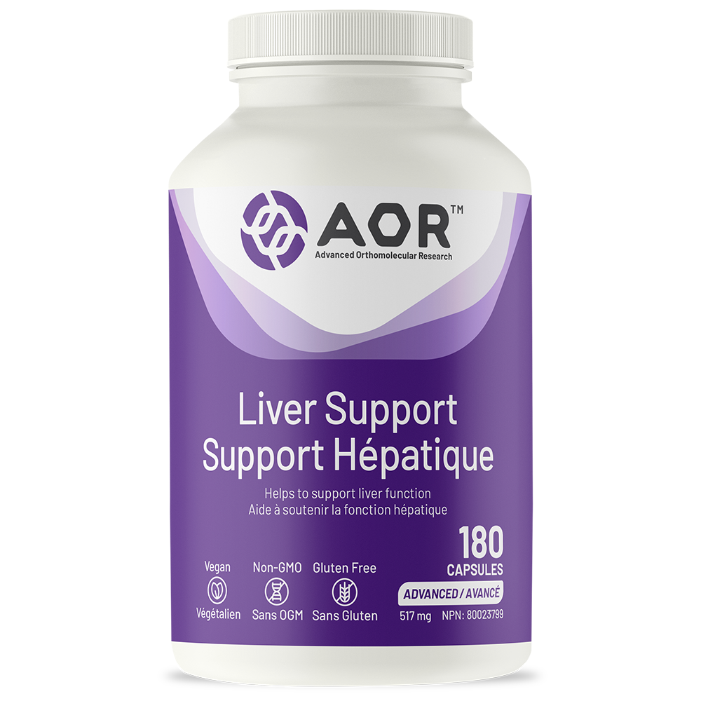 Vitamin supplement bottle labeled 'AOR Liver Support' on a white background