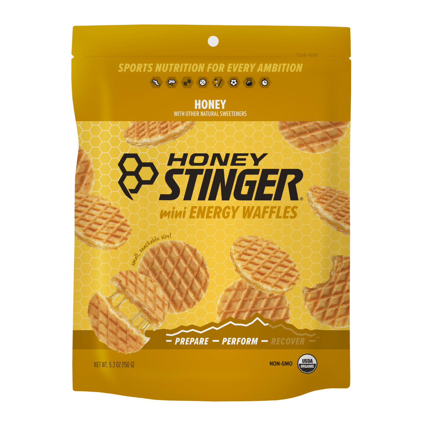 Honey Stinger mini energy waffles packaging on a green background