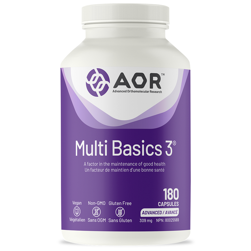 Multivitamin supplement bottle labeled 'Multi Basics 3' by AOR on a white background
