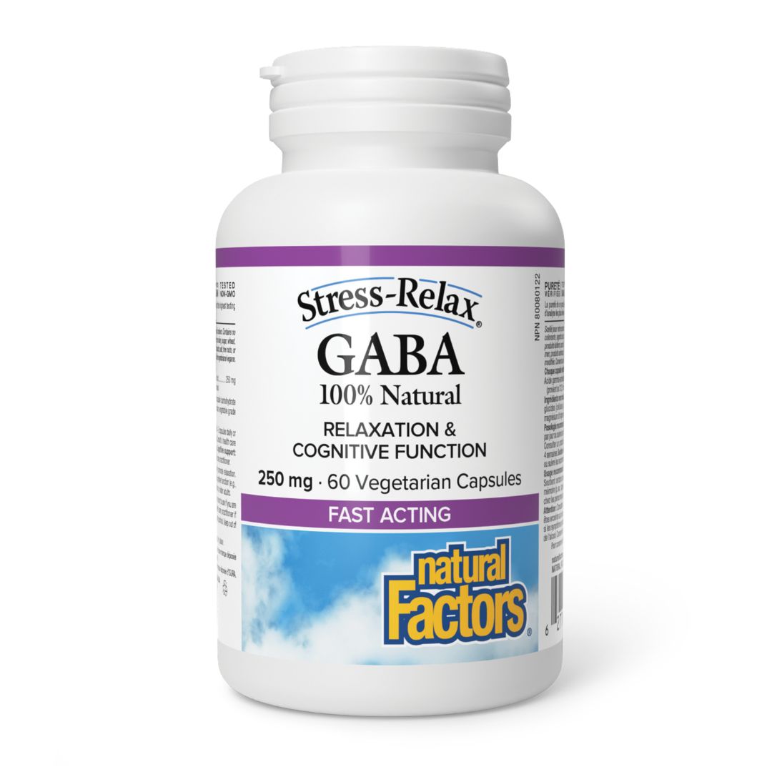 Bottle of Stress-Relax GABA supplement with 'Natural Factors' branding on a white background