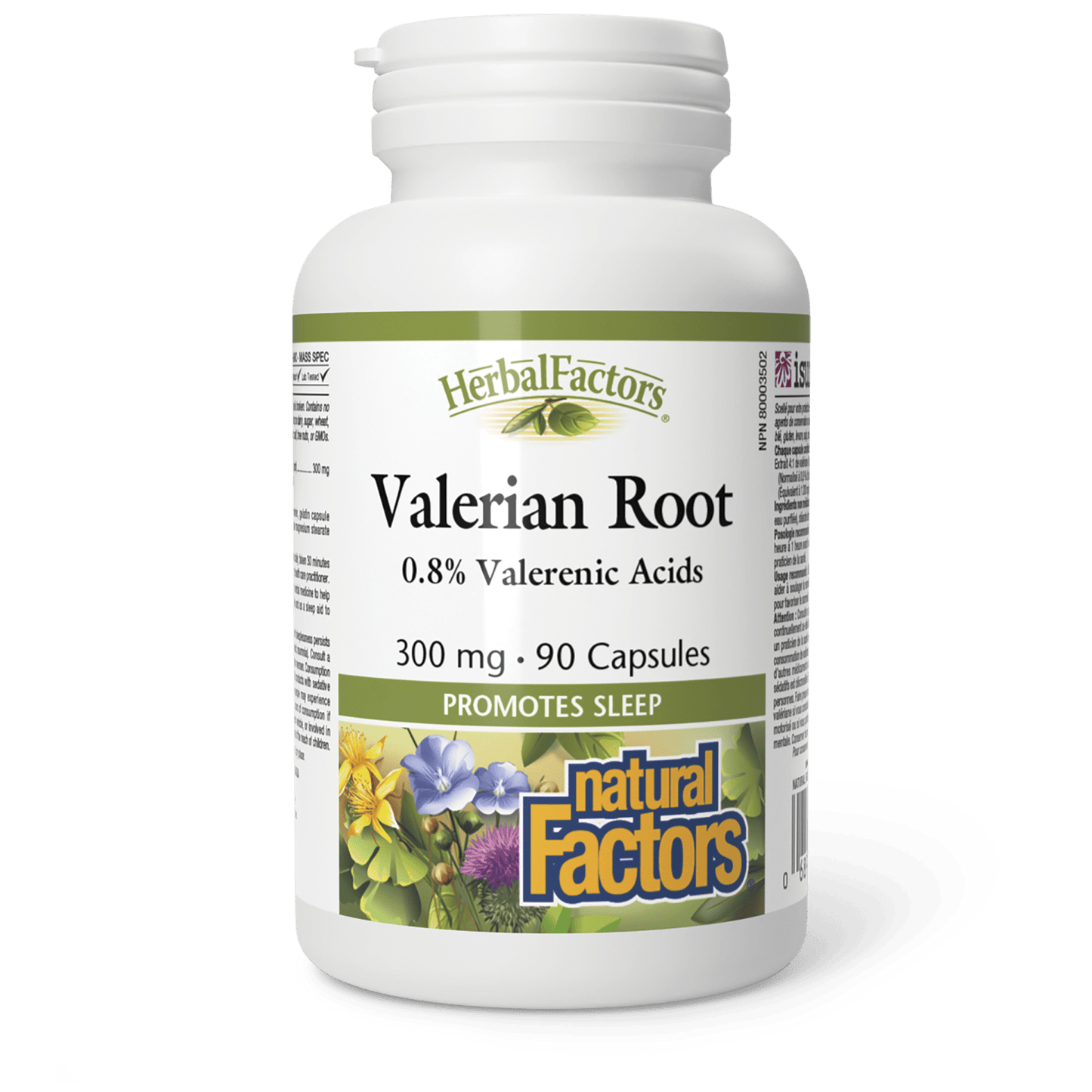 A white plastic bottle of Herbal Factors Valerian Root capsules, 300 mg, 90 capsules, with a white cap on a white background.