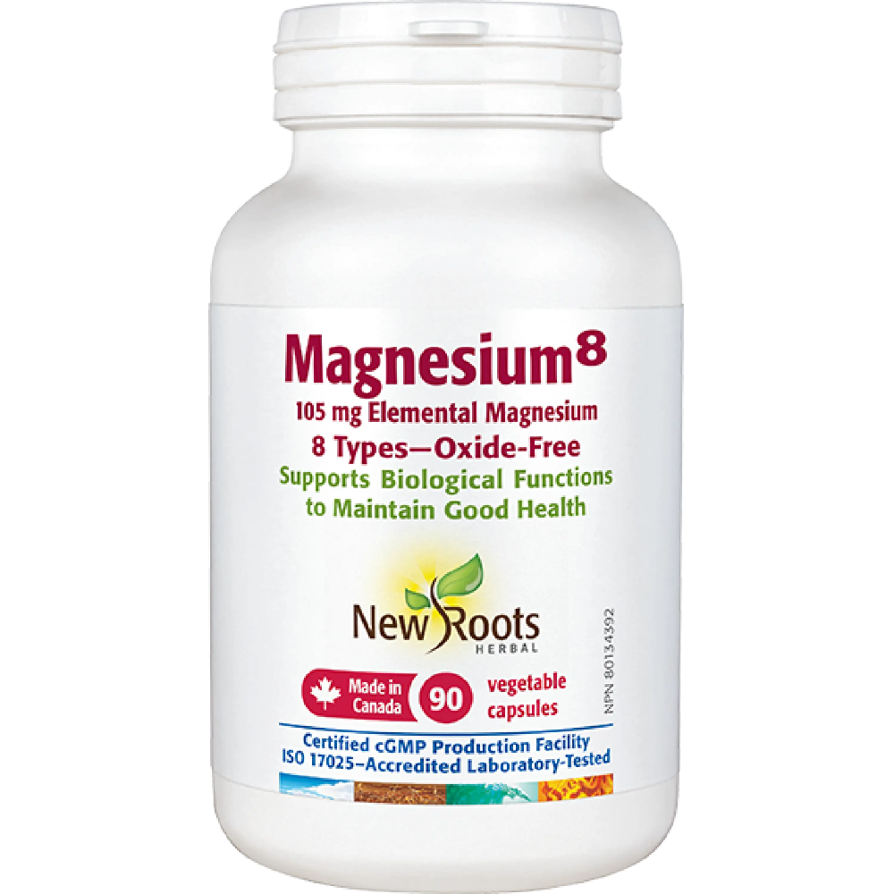 Bottle of New Roots Magnesium8 supplement on a white background