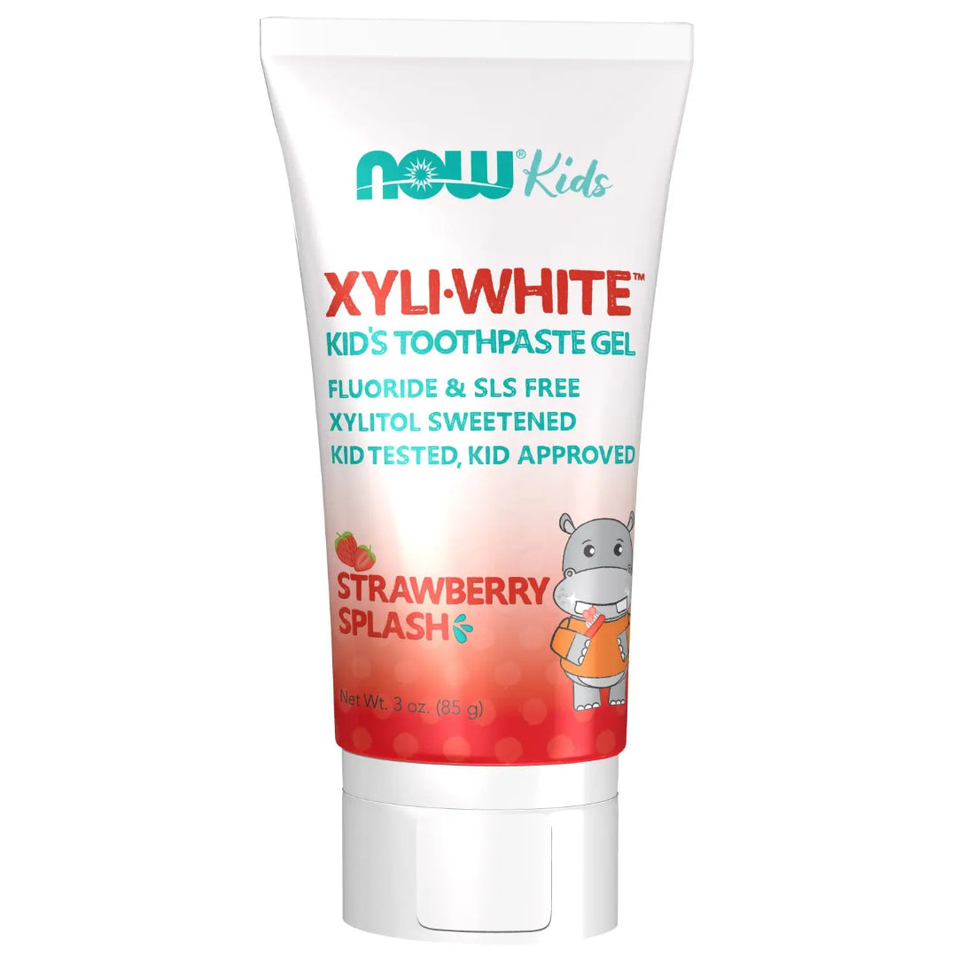 Tube of XyliWhite Kids' Toothpaste Gel with strawberry flavor on a white background