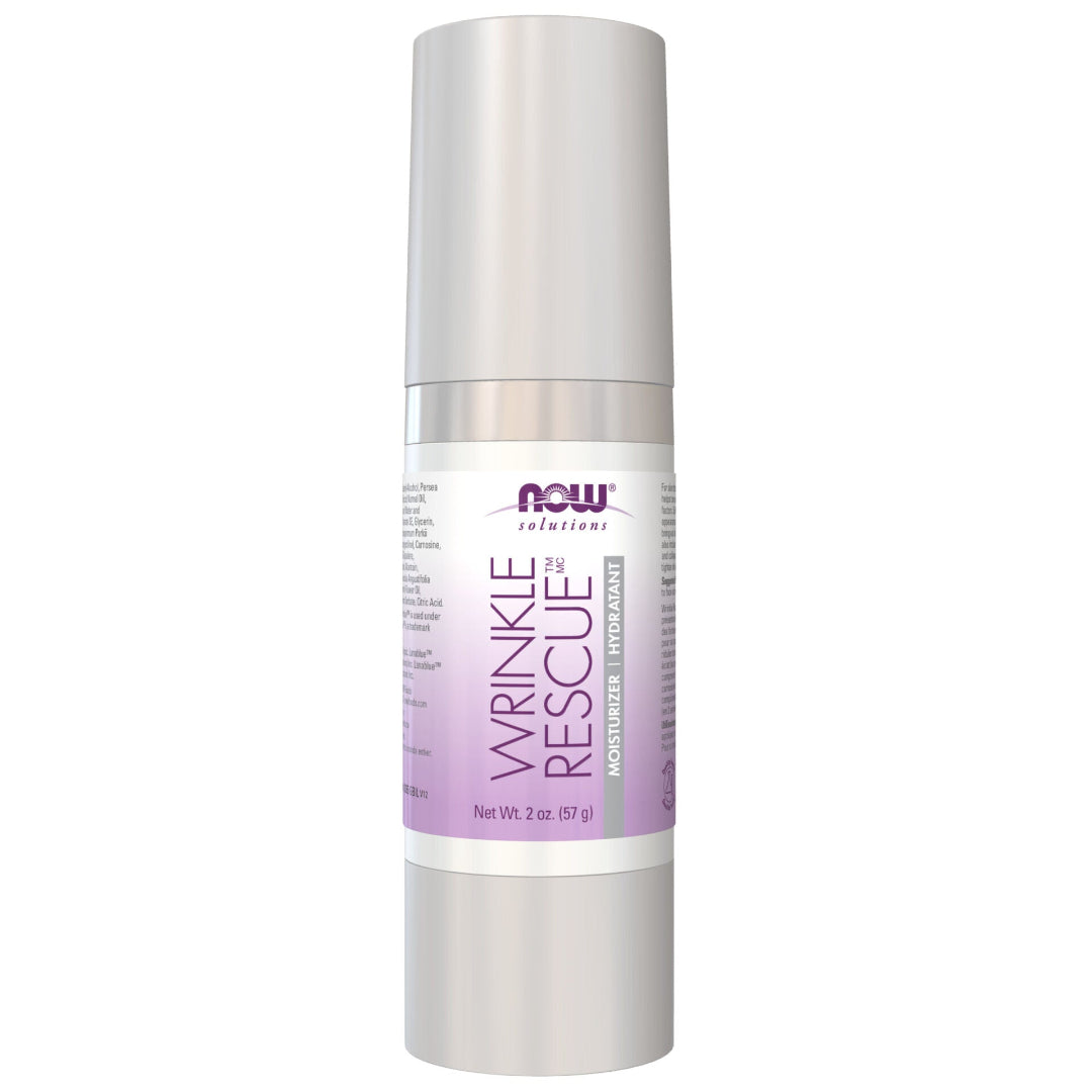 Skincare bottle labeled 'Wrinkle Rescue' on a white background