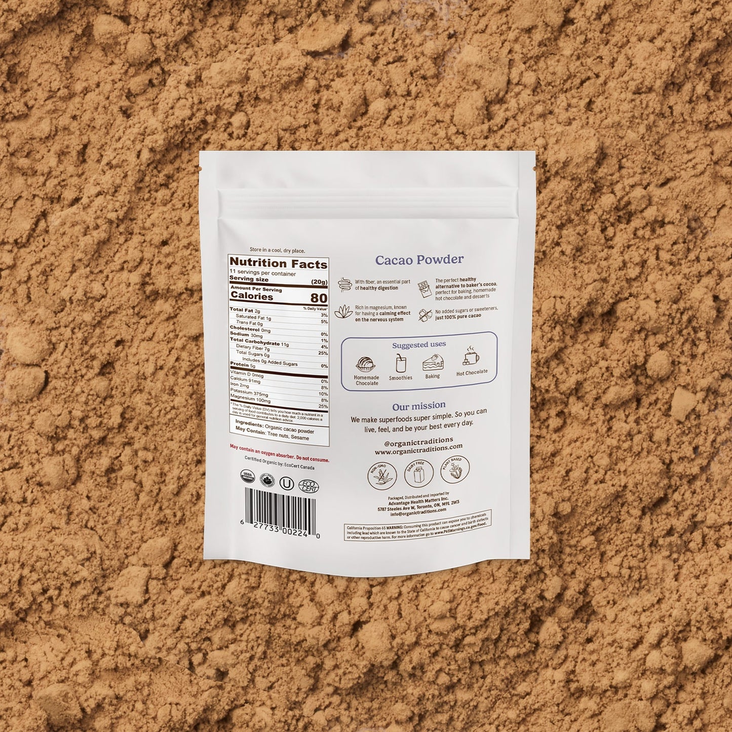 Cacao powder package on a brown surface