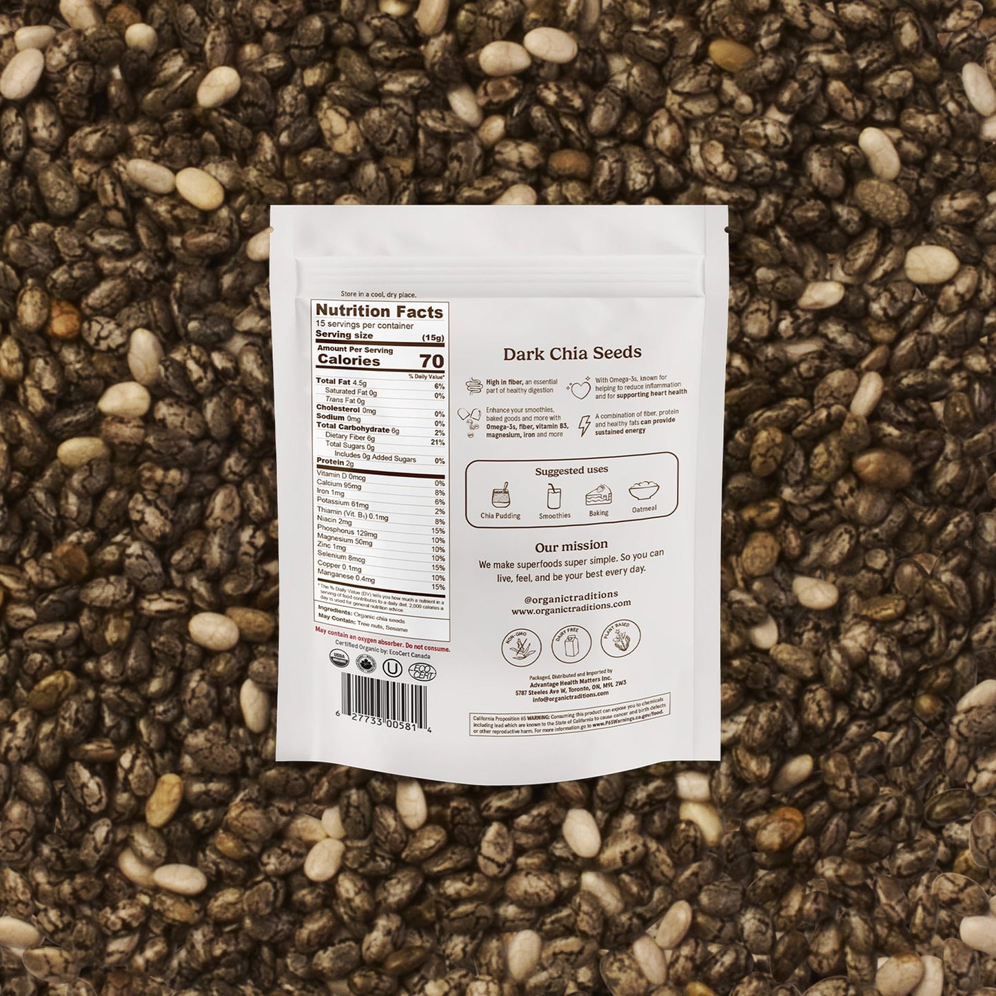 Bag of dark chia seeds with nutrition label on a textured brown background