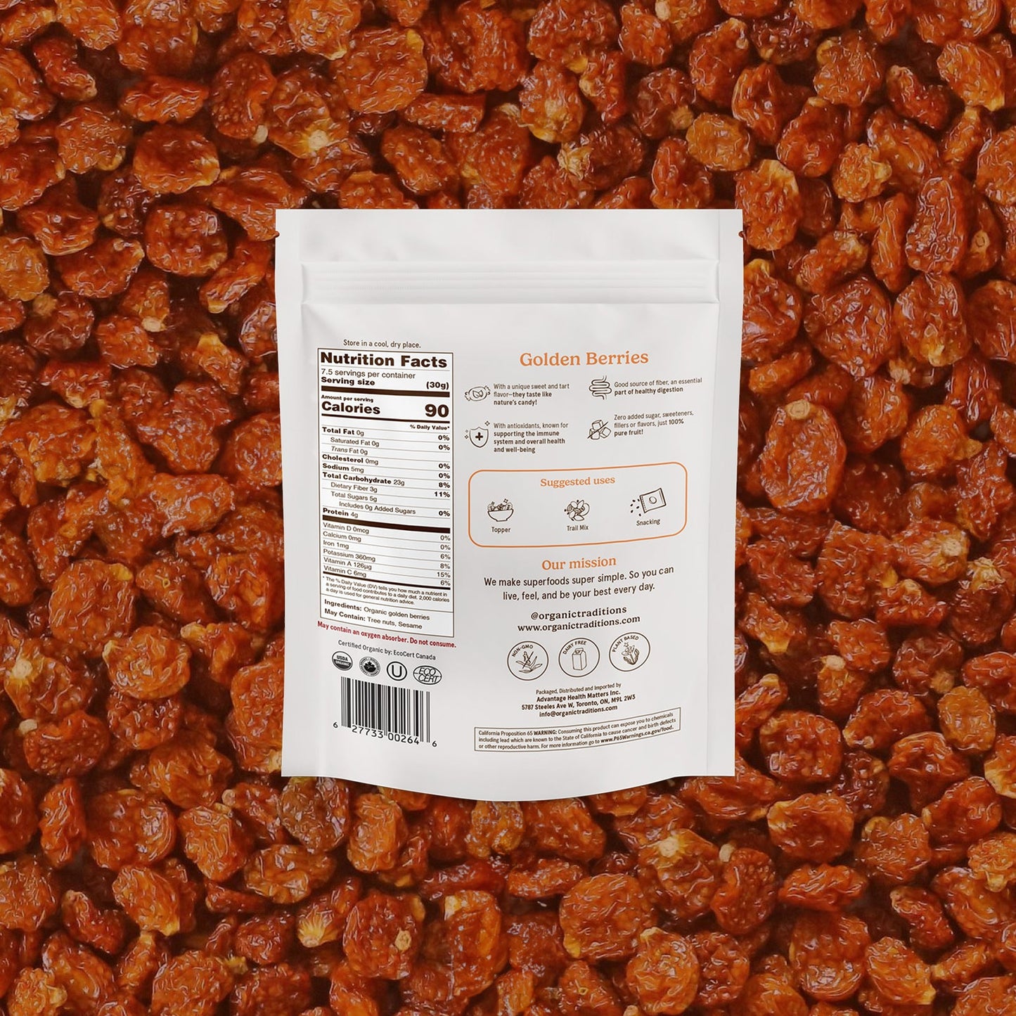 Packaging of Golden Berries with nutrition facts label on a background of dried berries
