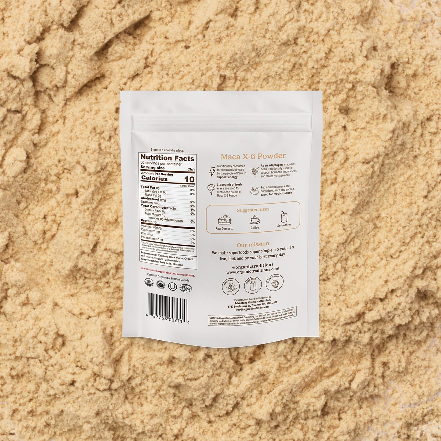 Maca X-6 Powder package on a sandy background
