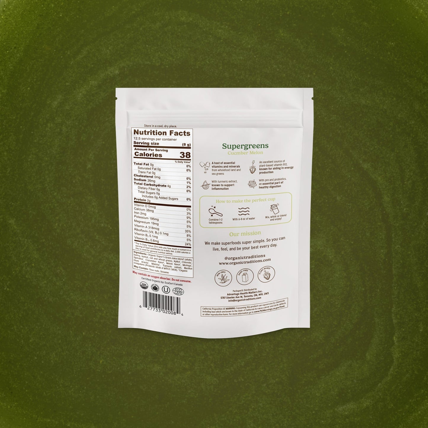 Supergreens package with nutrition label on a green background