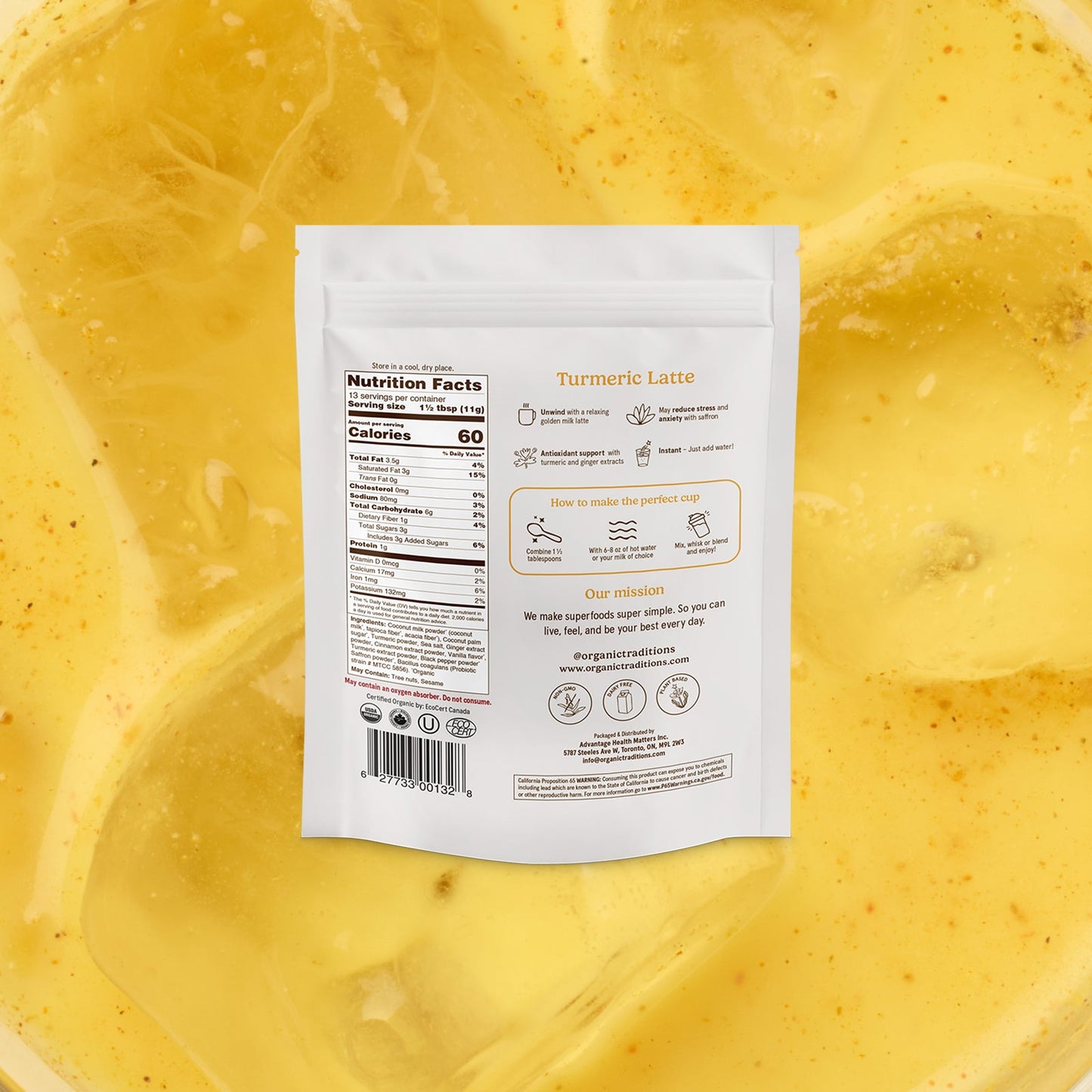 Nutrition facts label on a package of turmeric latte against a yellow background
