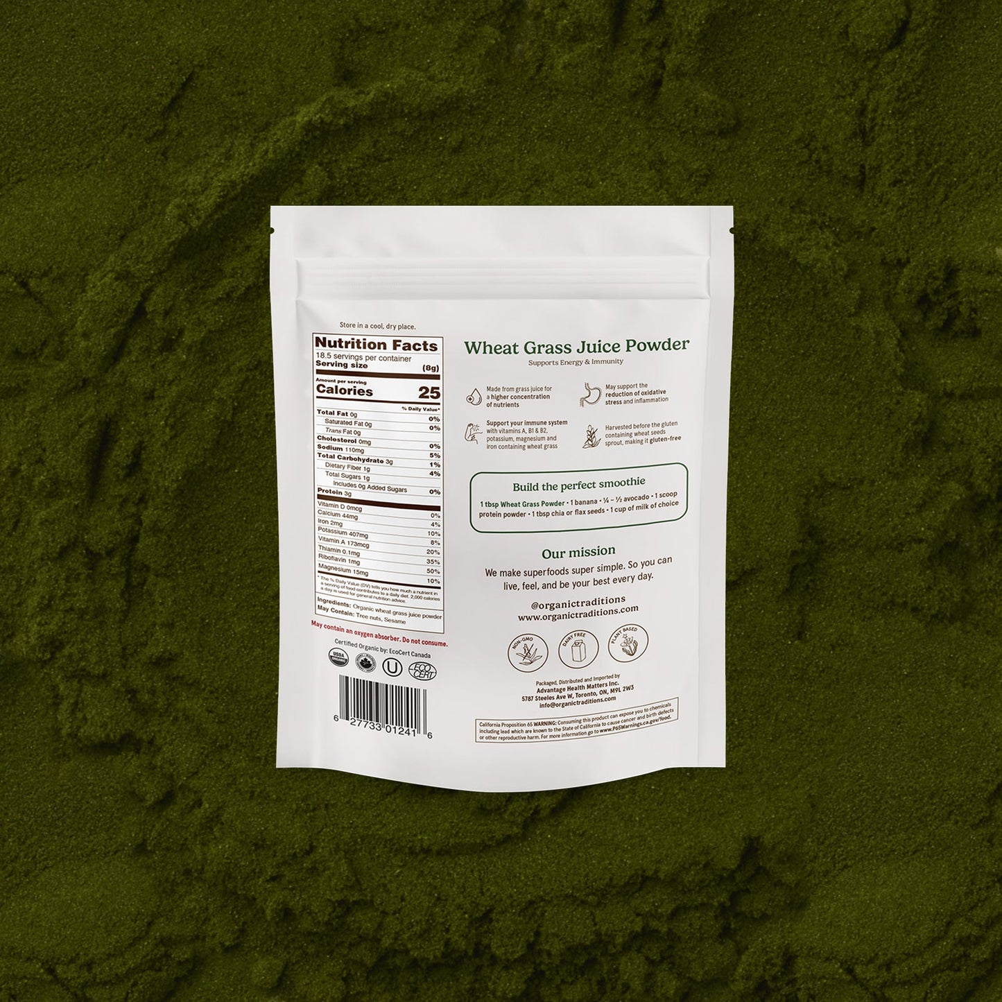 Wheat grass juice powder package on a green textured background