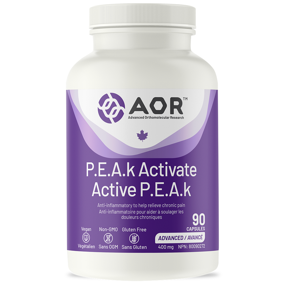 Vitamins bottle labeled 'AOR P.E.A.k Activate' on a white background