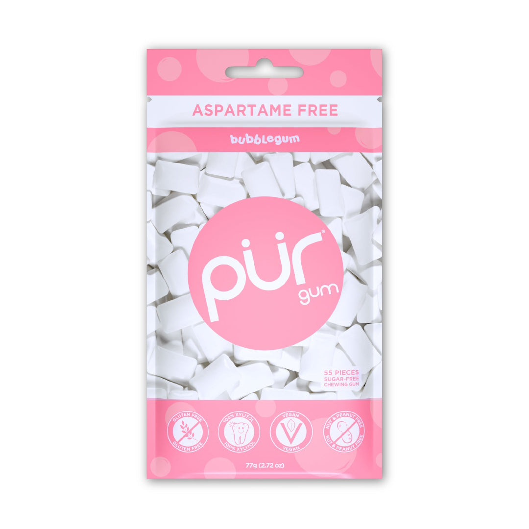 Pack of pur gum in bubblegum flavor with pink and white design