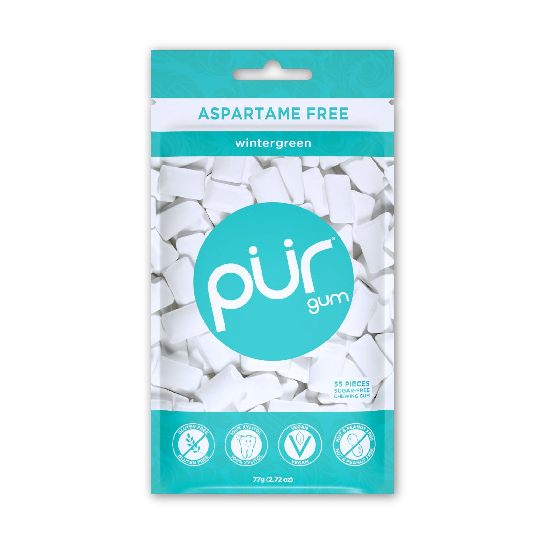Packaging of PUR gum with wintergreen flavor on a white background
