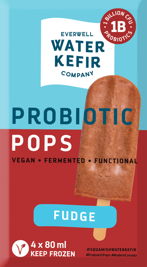 Probiotic fudge popsicle packaging from Everwell Water Kefir Company with a red and blue design.