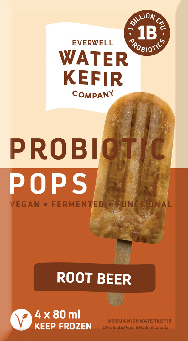 Probiotic root beer popsicle packaging from Everwell Water Kefir Company on a beige background.